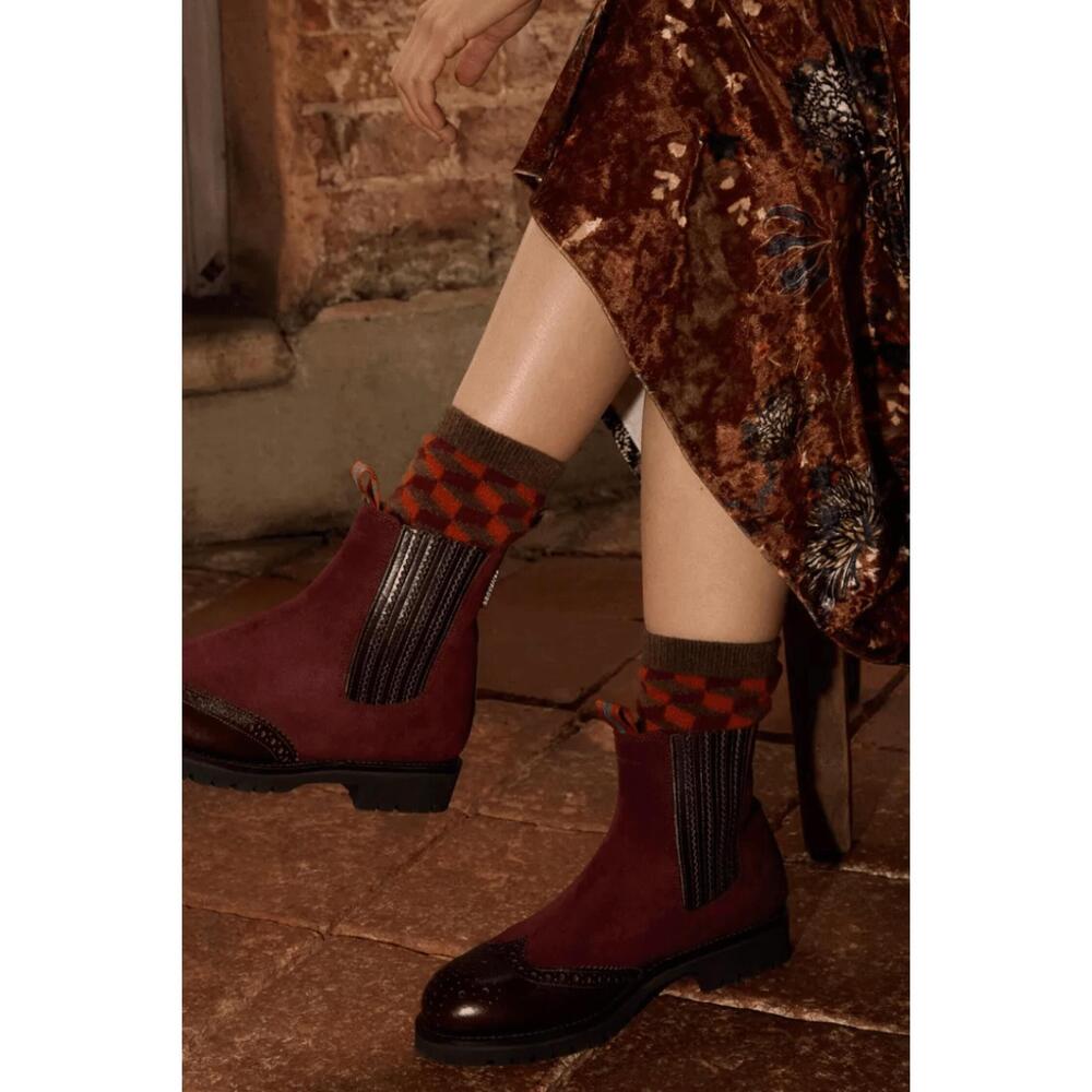NEW PENELOPE CHILVERS women's oscar brogue-tip wool-lined boots in burgundy sued - Picture 6 of 6